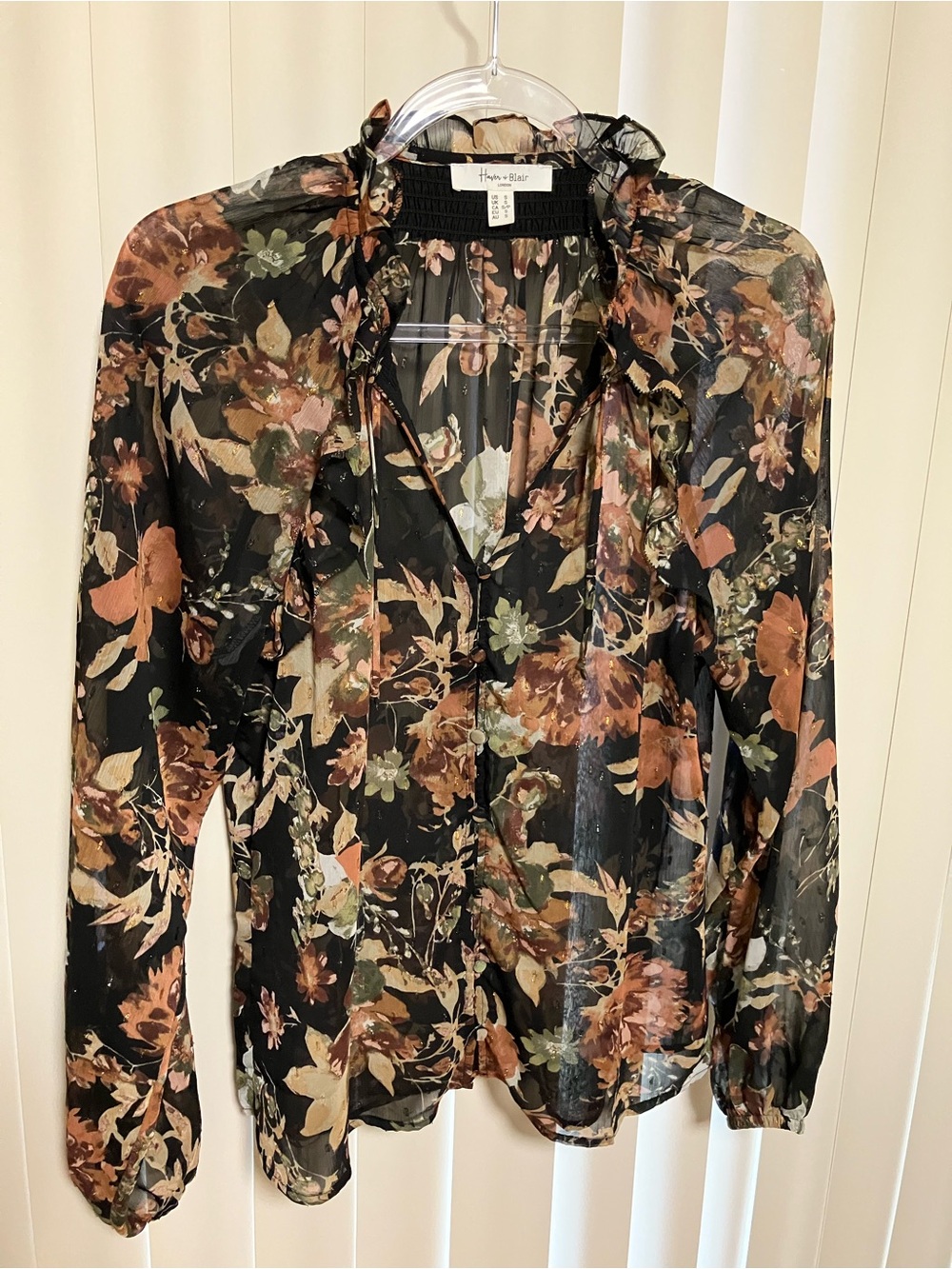 Black Floral Ruffle Tie-Neck Blouse